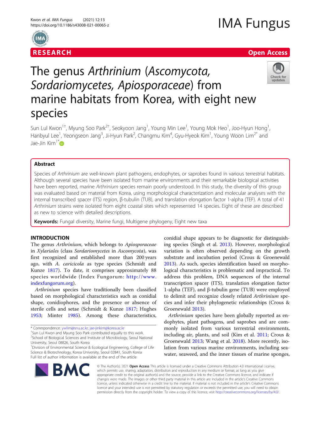 The Genus Arthrinium (Ascomycota, Sordariomycetes, Apiosporaceae