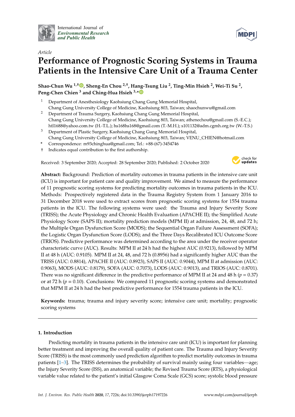 Performance of Prognostic Scoring Systems in Trauma Patients in the Intensive Care Unit of a Trauma Center