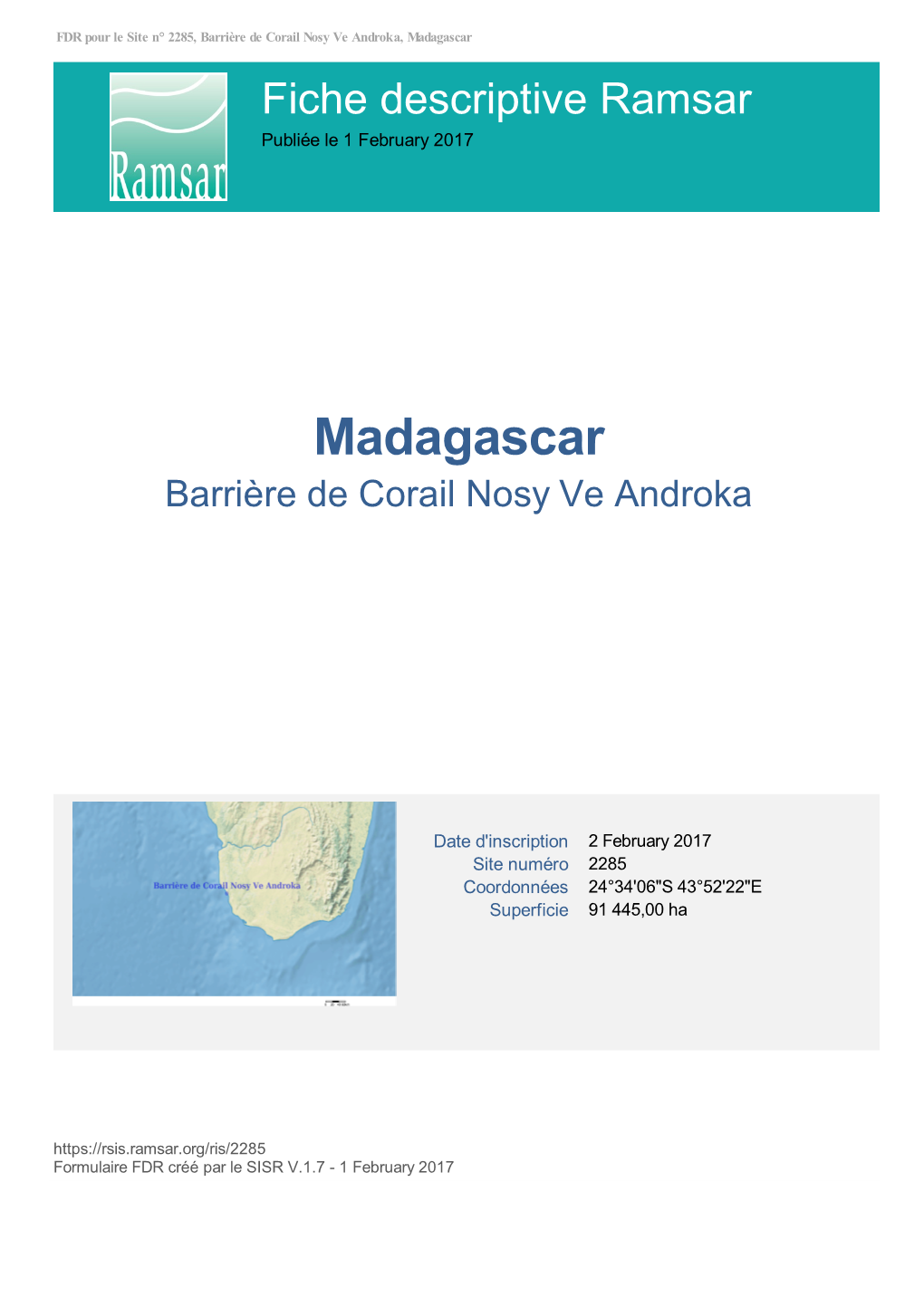 Madagascar Fiche Descriptive Ramsar Publiée Le 1 February 2017