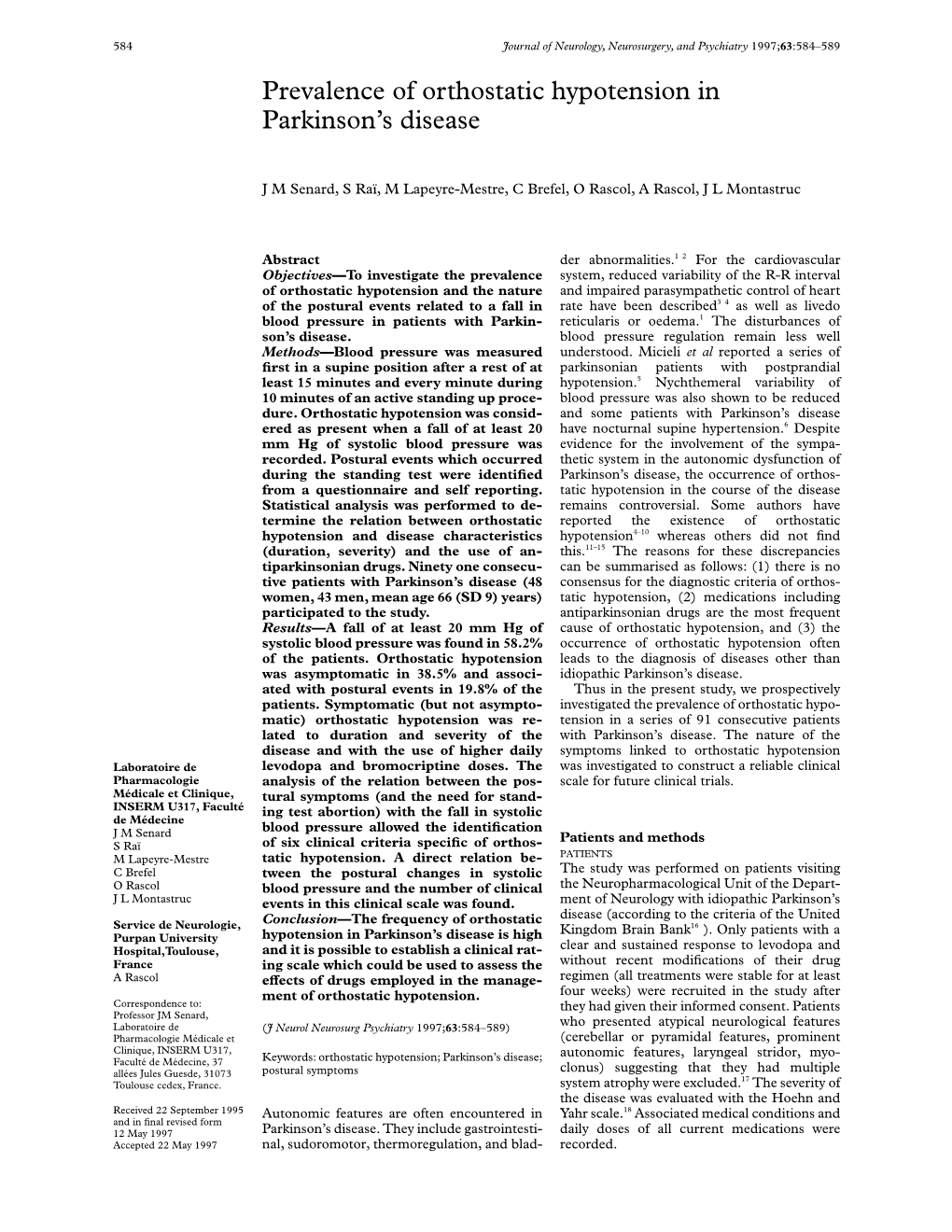 Prevalence of Orthostatic Hypotension in Parkinson's Disease