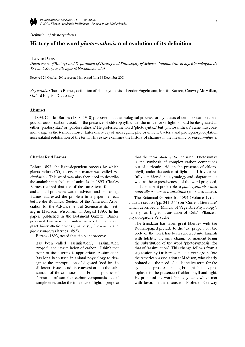 History of the Word Photosynthesis and Evolution of Its Definition