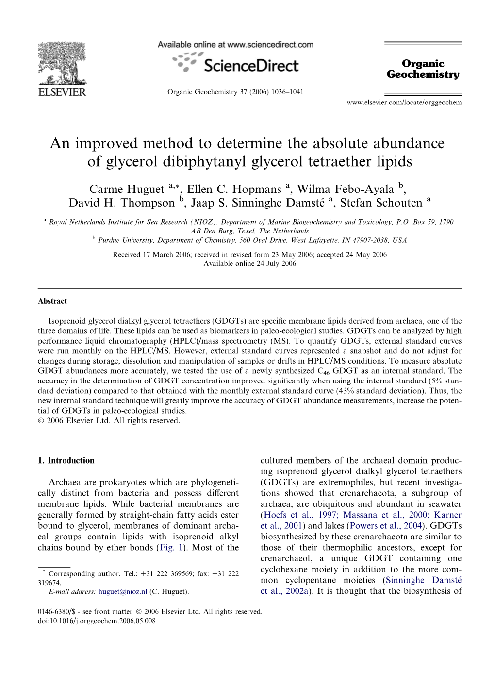 An Improved Method to Determine the Absolute Abundance of Glycerol Dibiphytanyl Glycerol Tetraether Lipids