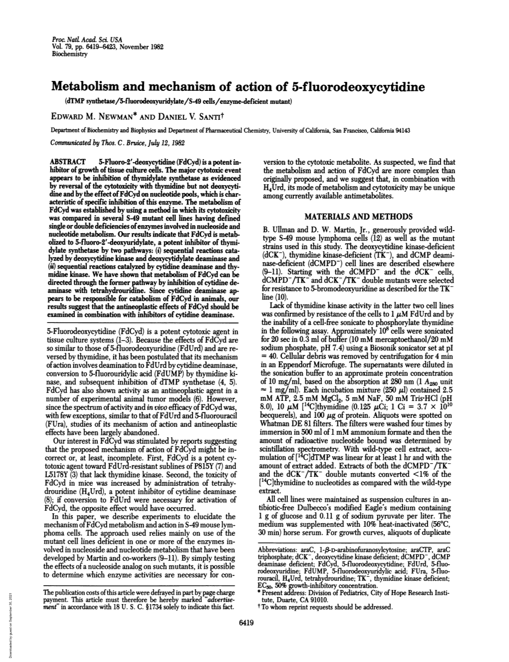 Metabolism and Mechanism of Action of 5-Fluorodeoxycytidine (Dtmp Synthetase/5-Fluorodeoxyuridylate/S49 Cells/Enzyme-Deficient Mutant) EDWARD M