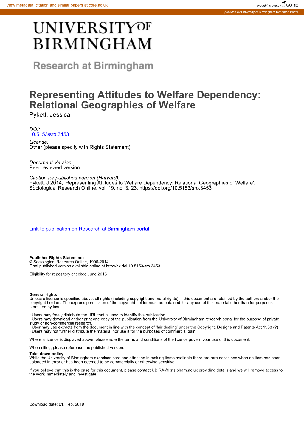 Representing Attitudes to Welfare Dependency: Relational Geographies of Welfare Pykett, Jessica