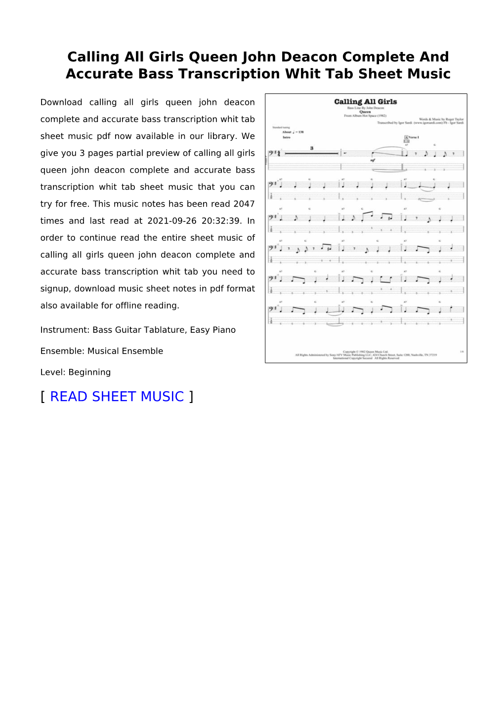 Calling All Girls Queen John Deacon Complete and Accurate Bass Transcription Whit Tab Sheet Music