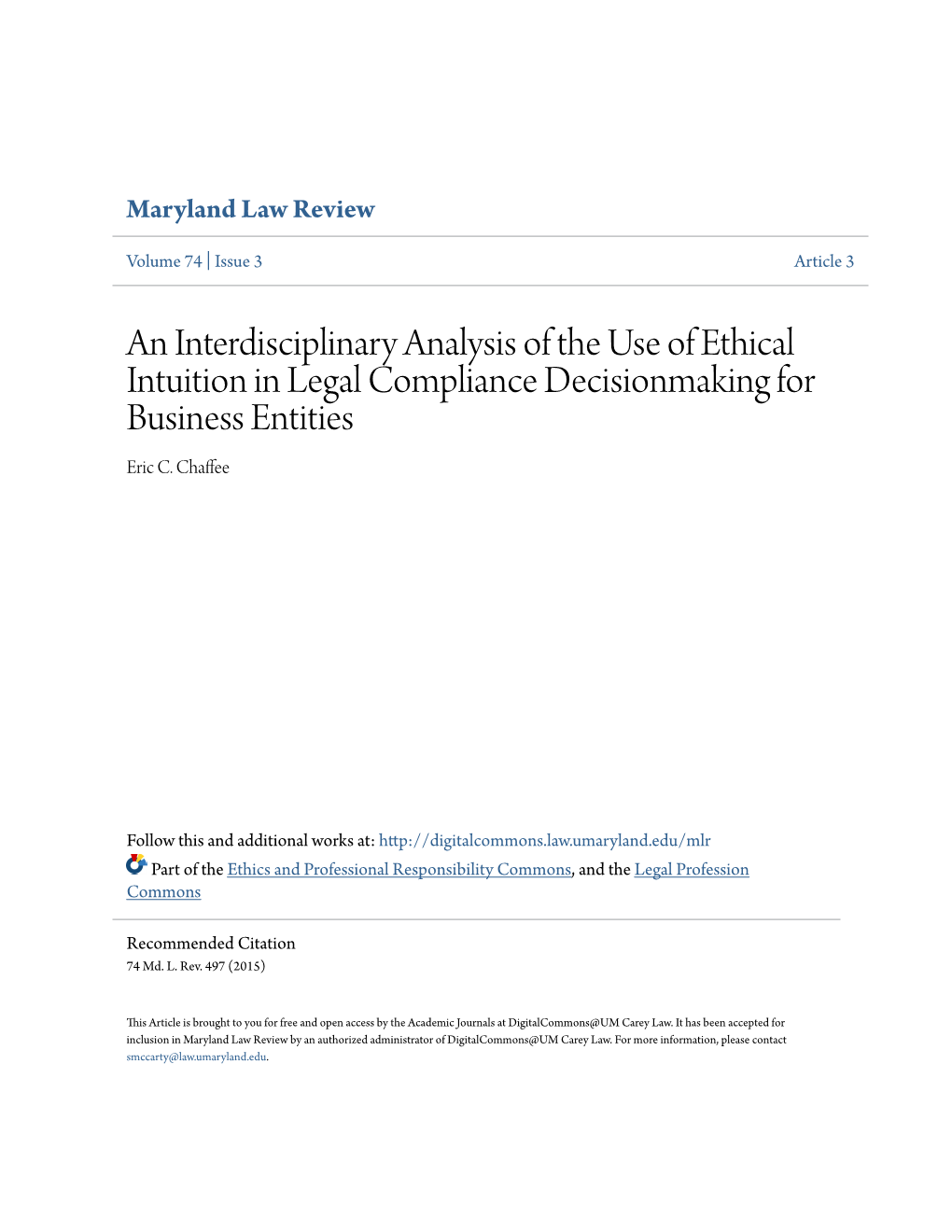 An Interdisciplinary Analysis of the Use of Ethical Intuition in Legal Compliance Decisionmaking for Business Entities Eric C