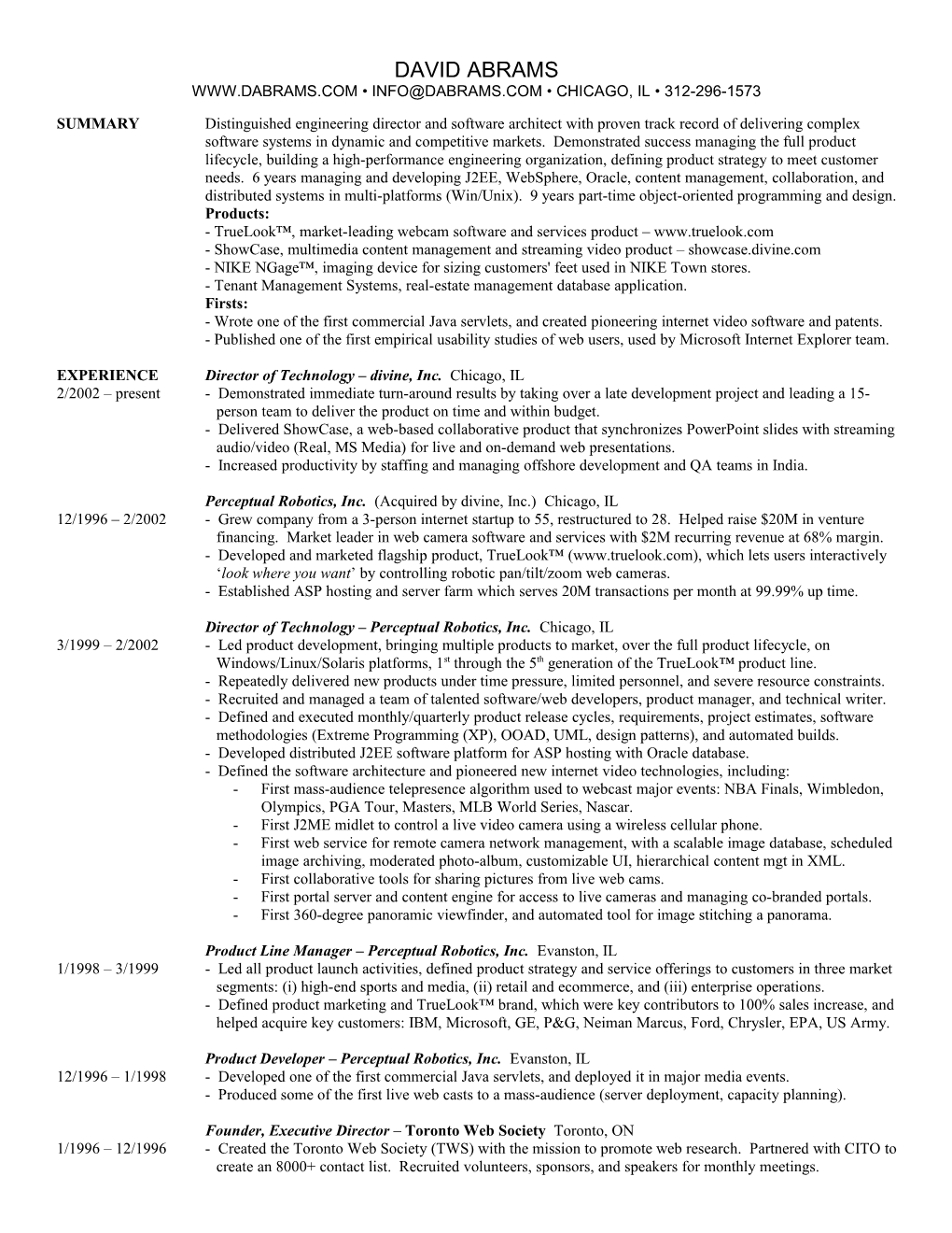 Director of Technology Perceptual Robotics, Inc. Chicago, IL