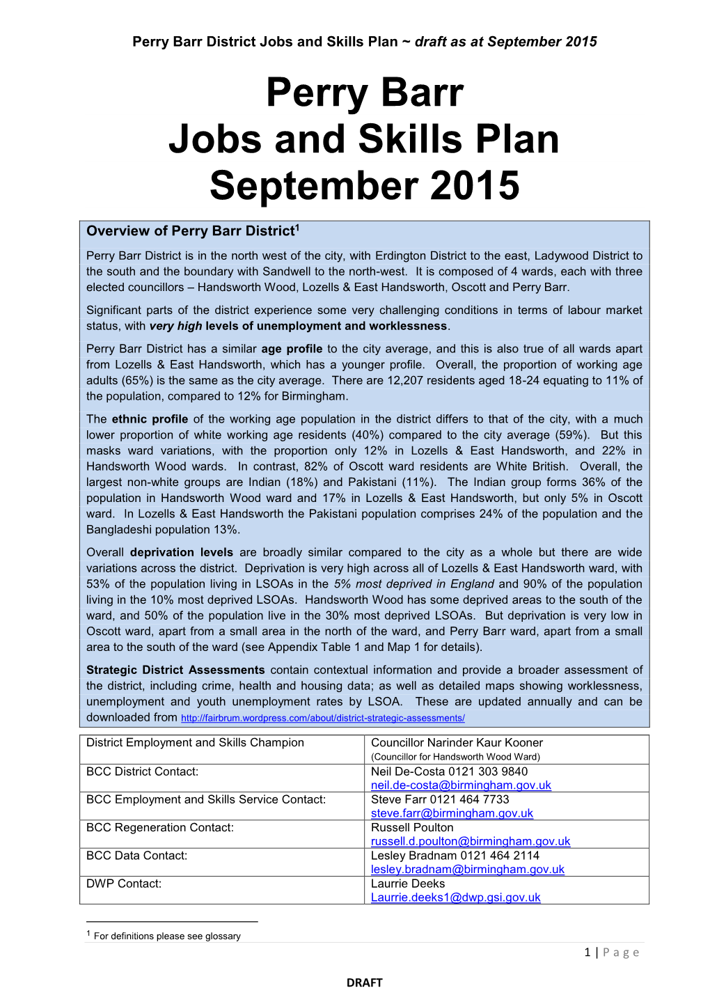 Perry Barr Jobs and Skills Plan September 2015
