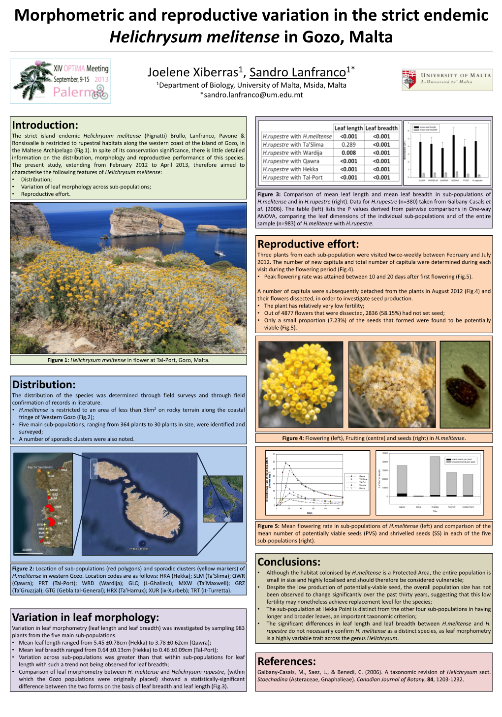 Morphometric and Reproductive Variation in the Strict Endemic Helichrysum Melitense in Gozo, Malta