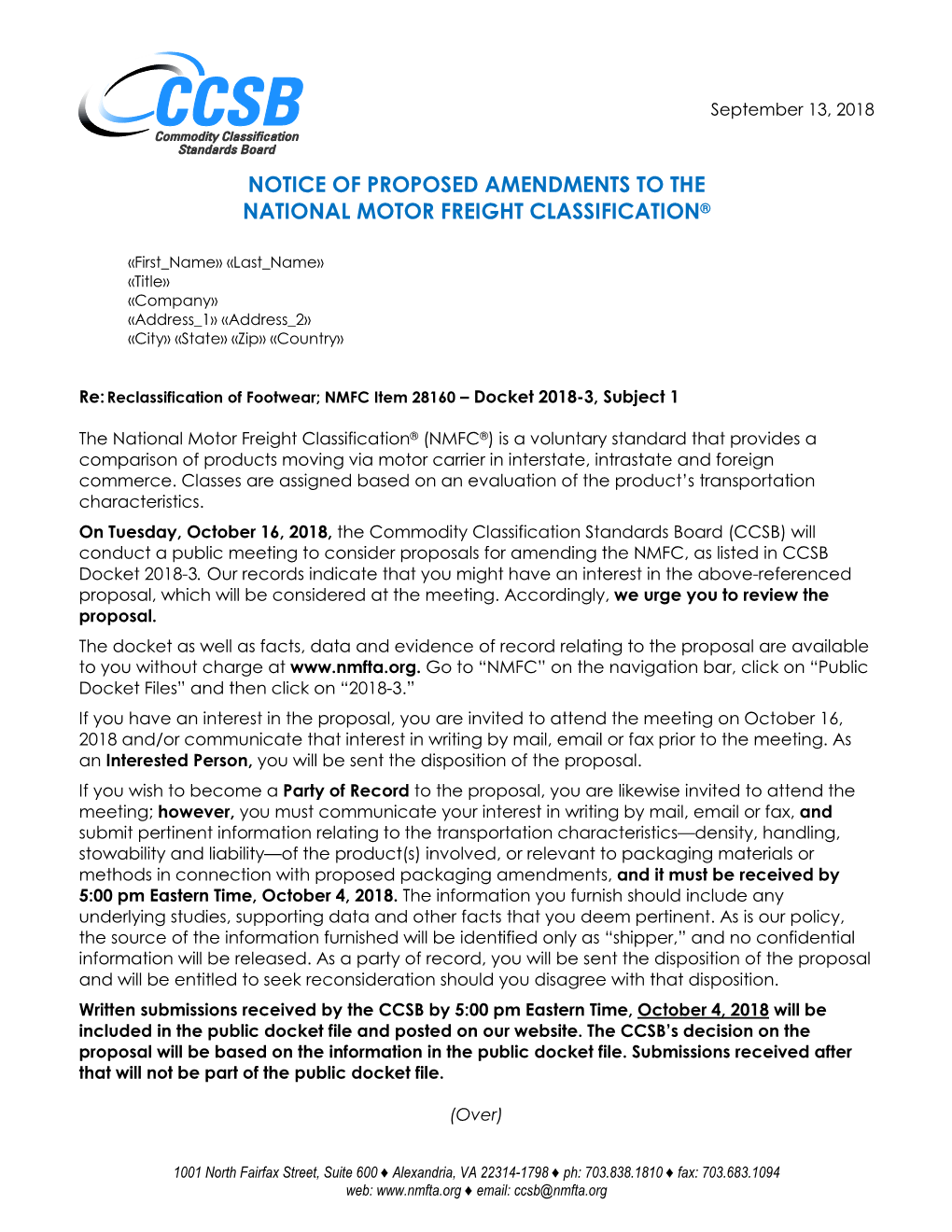 Notice of Proposed Amendments to the National Motor Freight Classification®