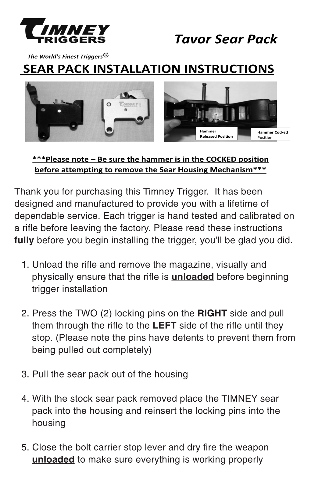 Tavor Sear Pack the World’S Finest Triggers SEAR PACK INSTALLATION INSTRUCTIONS