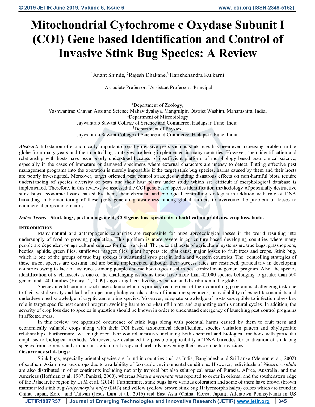 Gene Based Identification and Control of Invasive Stink Bug Species: a Review