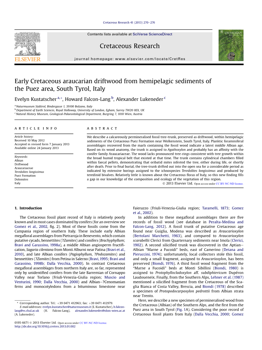 Early Cretaceous Araucarian Driftwood from Hemipelagic Sediments of the Puez Area, South Tyrol, Italy