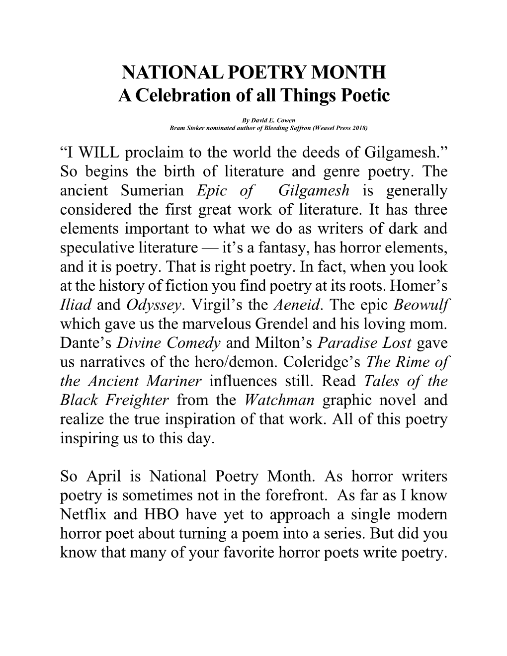NATIONAL POETRY MONTH a Celebration of All Things Poetic