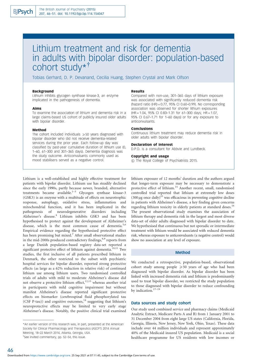 Lithium Treatment and Risk for Dementia in Adults with Bipolar Disorder: Population-Based Cohort Study*{ Tobias Gerhard, D