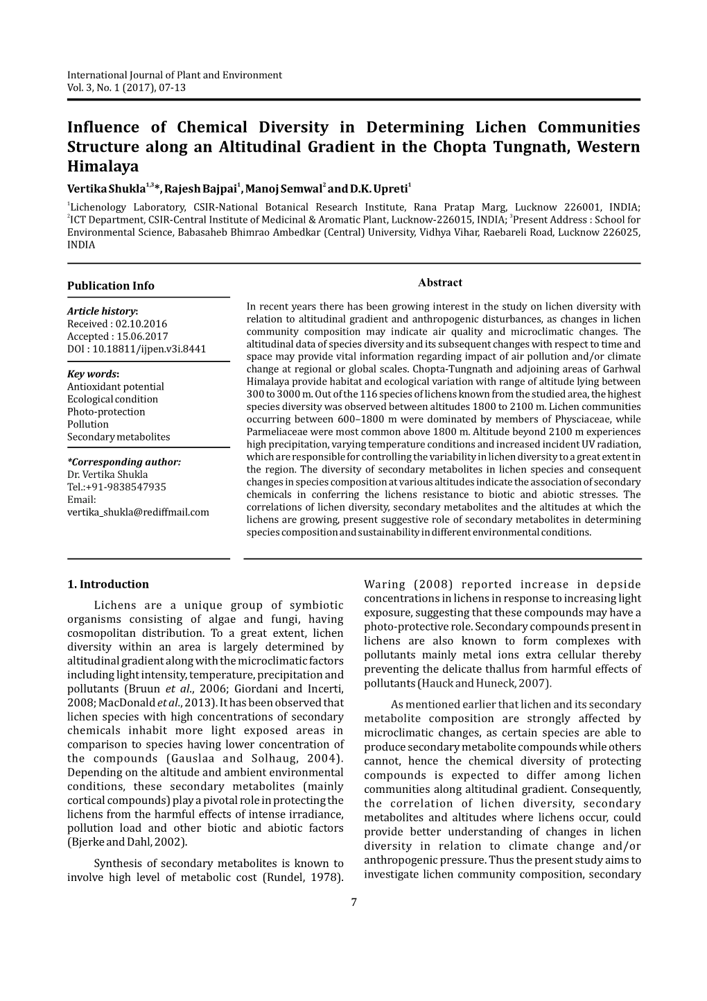 Influence of Chemical Diversity in Determining Lichen Communities