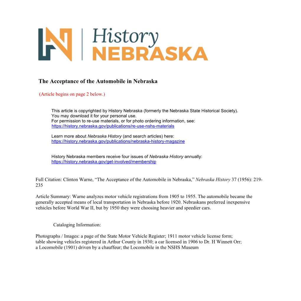 The Acceptance of the Automobile in Nebraska