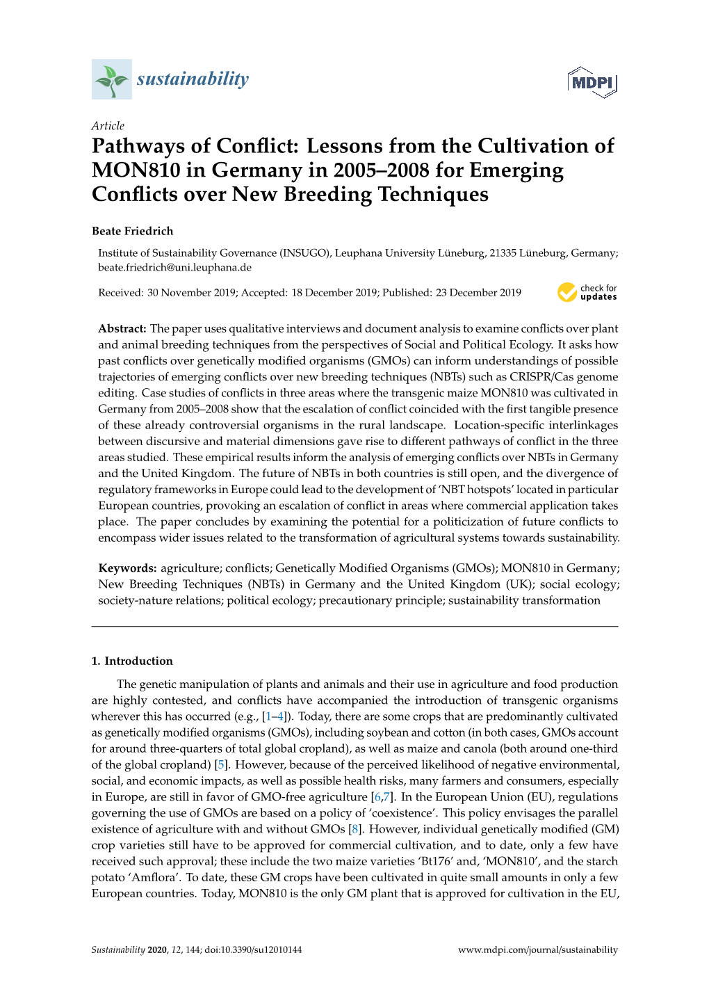 Pathways of Conflict: Lessons from the Cultivation of MON810 in Germany