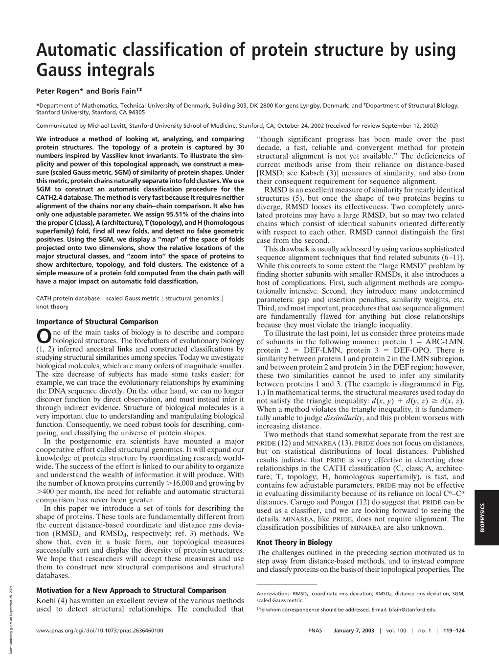 Automatic Classification of Protein Structure by Using Gauss Integrals