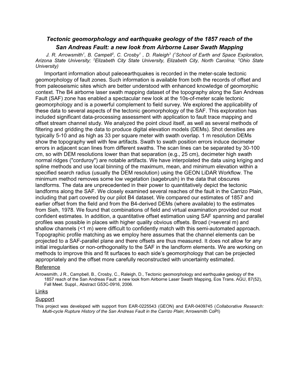 Tectonic Geomorphology and Earthquake Geology of the 1857 Reach of The