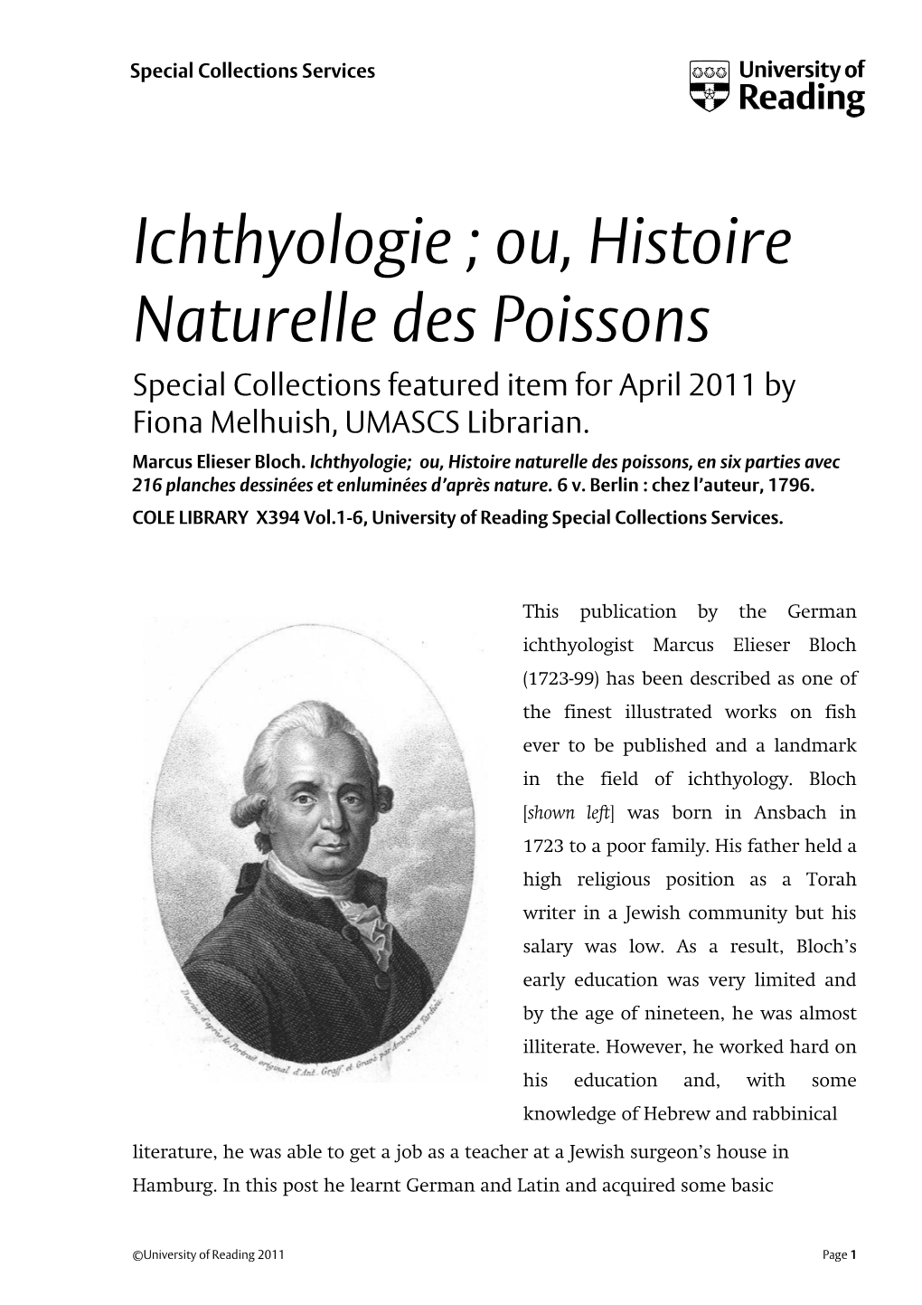 Ichthyologie ; Ou, Histoire Naturelle Des Poissons Special Collections Featured Item for April 2011 by Fiona Melhuish, UMASCS Librarian