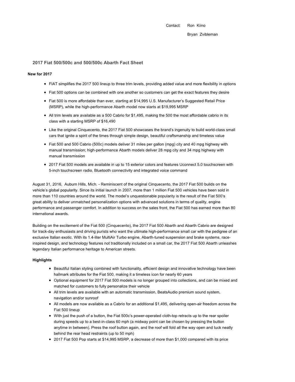 2017 Fiat 500/500C and 500/500C Abarth Fact Sheet