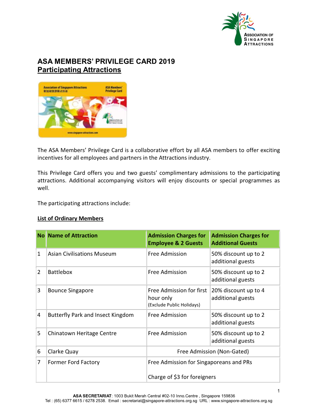 ASA MEMBERS' PRIVILEGE CARD 2019 Participating Attractions
