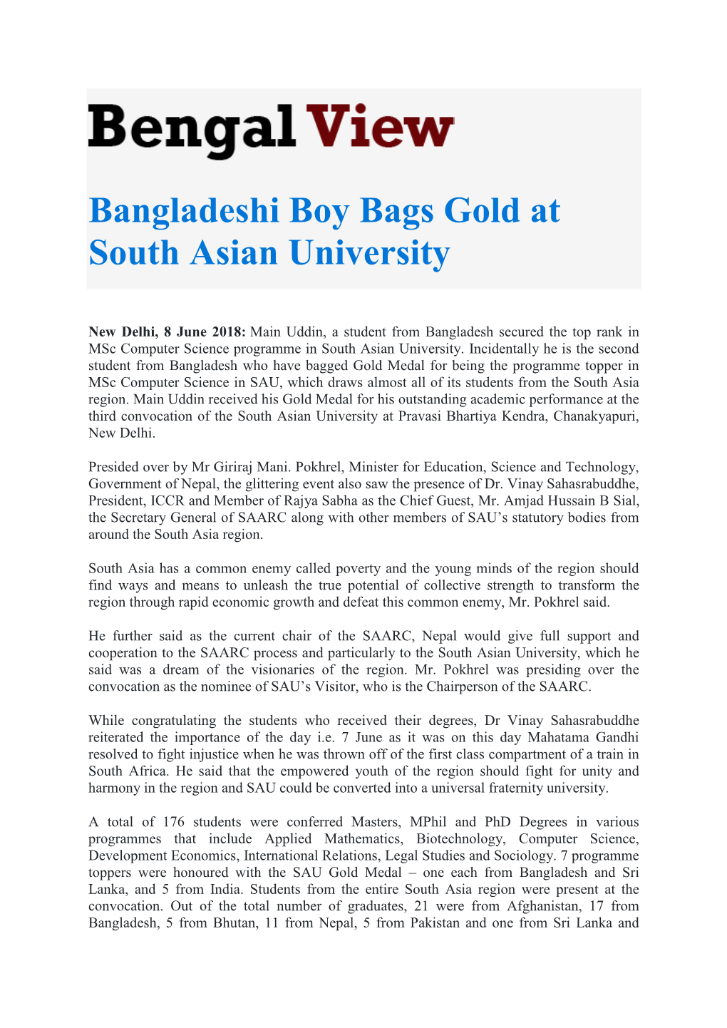 Bangladeshi Boy Bags Gold at South Asian University