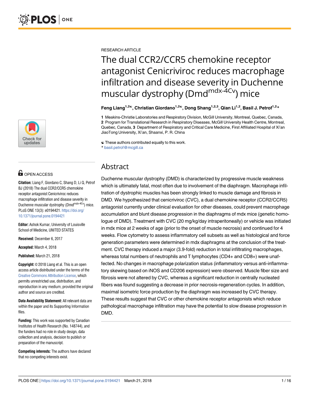 The Dual CCR2/CCR5 Chemokine Receptor Antagonist Cenicriviroc Reduces Macrophage Infiltration and Disease Severity in Duchenne Muscular Dystrophy (Dmdmdx-4Cv) Mice