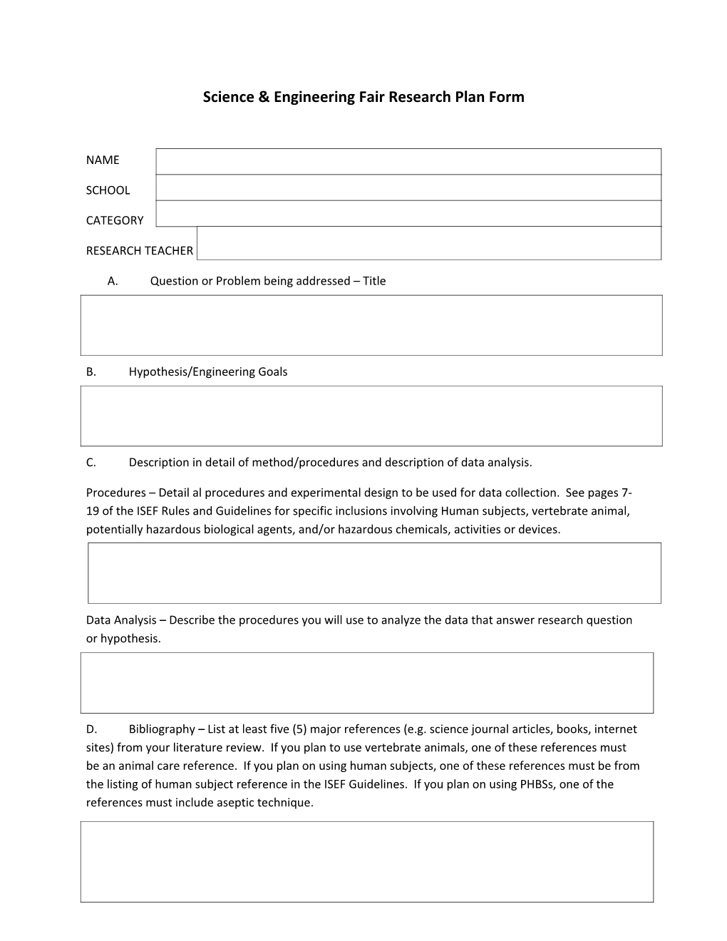 Science & Engineering Fair Research Plan Form