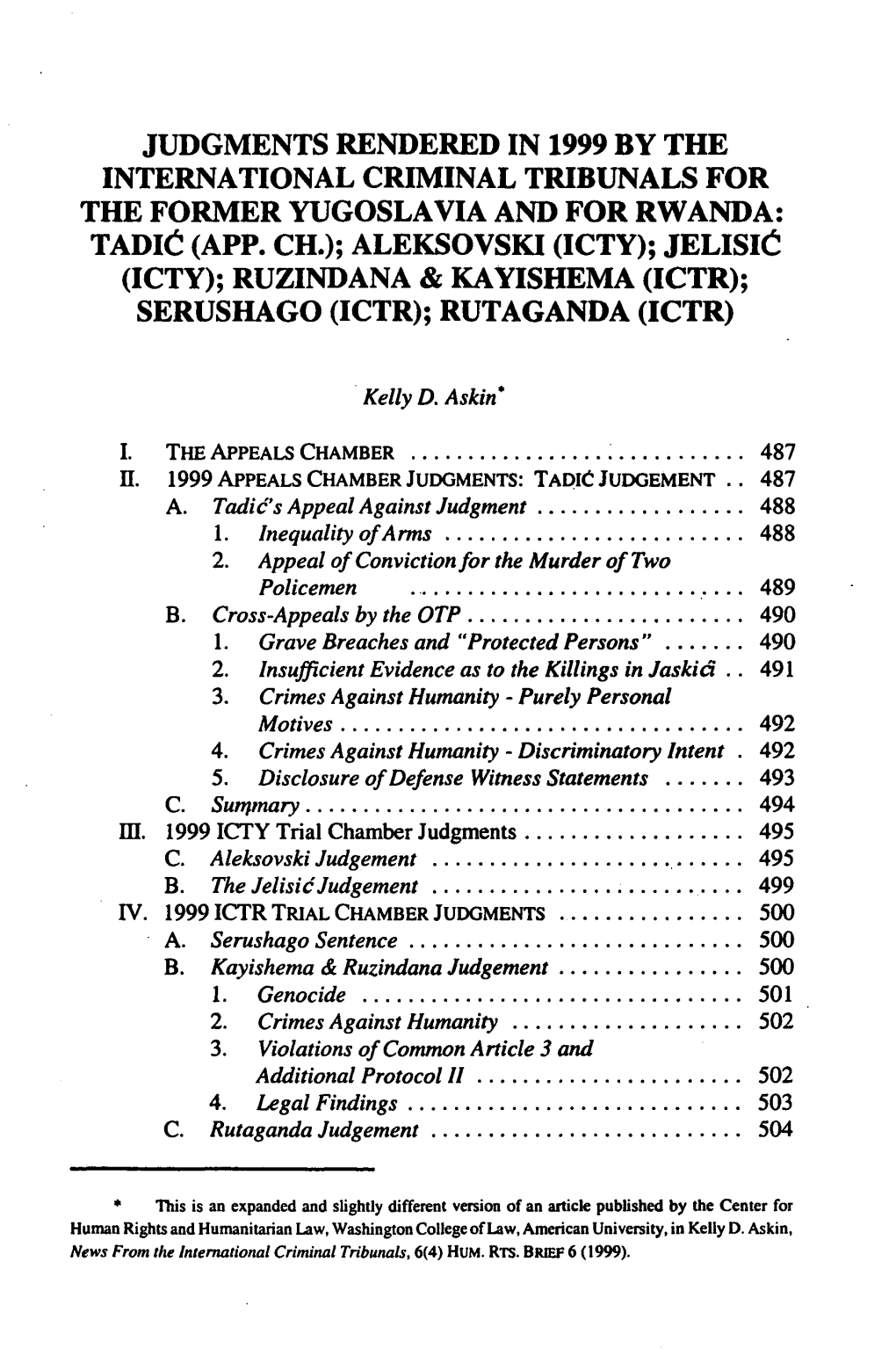 Judgments Rendered in 1999 by the International Criminal Tribunals for the Former Yugoslavia and for Rwanda: Tadio- (App