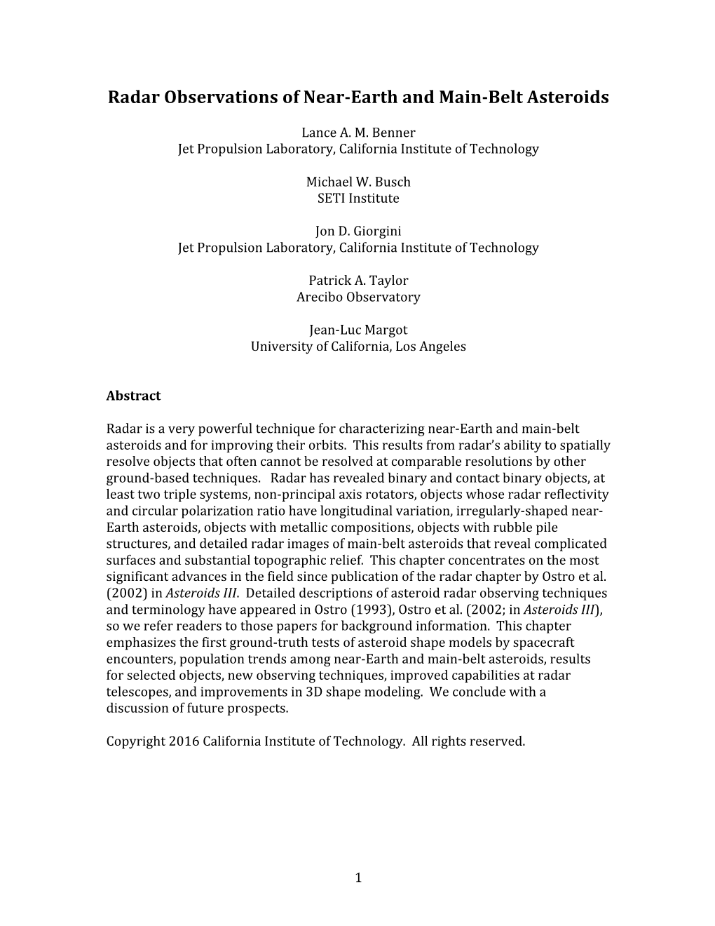 Radar Observations of Near-‐Earth and Main-‐Belt Asteroids