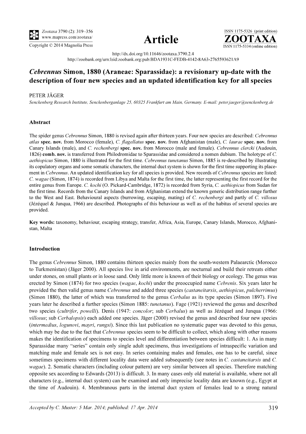 Araneae: Sparassidae): a Revisionary Up-Date with the Description of Four New Species and an Updated Identification Key for All Species