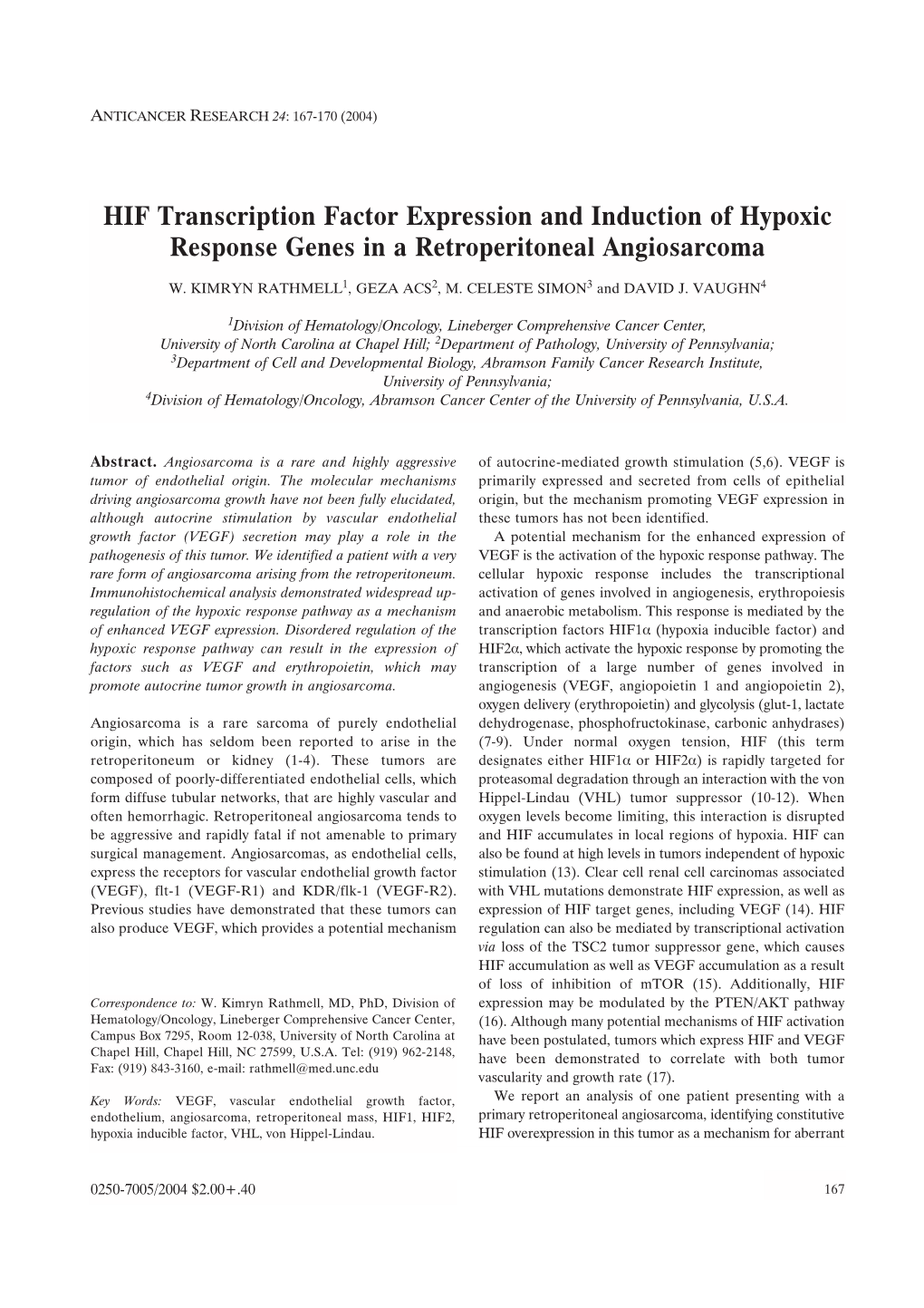 HIF Transcription Factor Expression and Induction of Hypoxic Response Genes in a Retroperitoneal Angiosarcoma