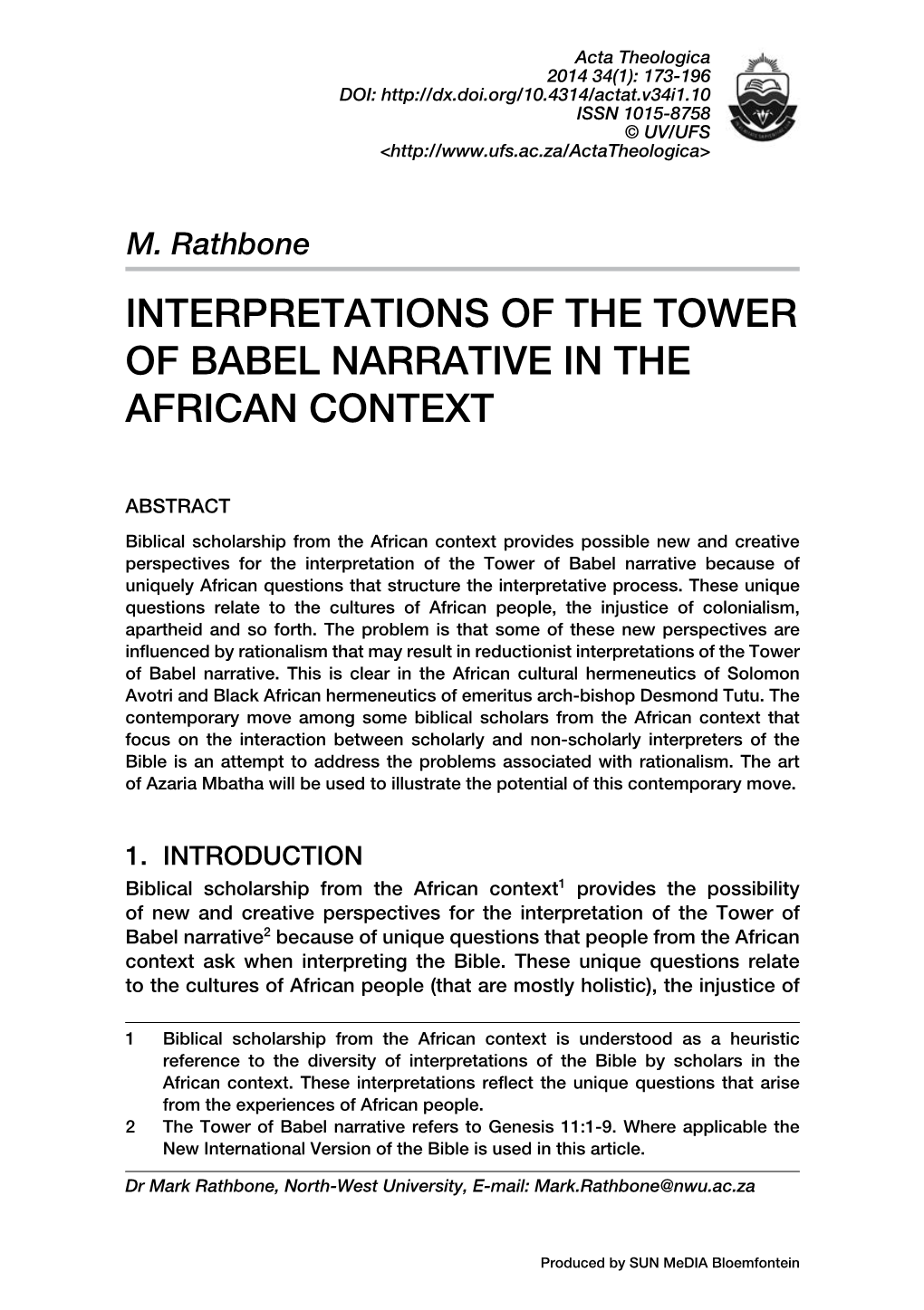 Interpretations of the Tower of Babel Narrative in the African Context