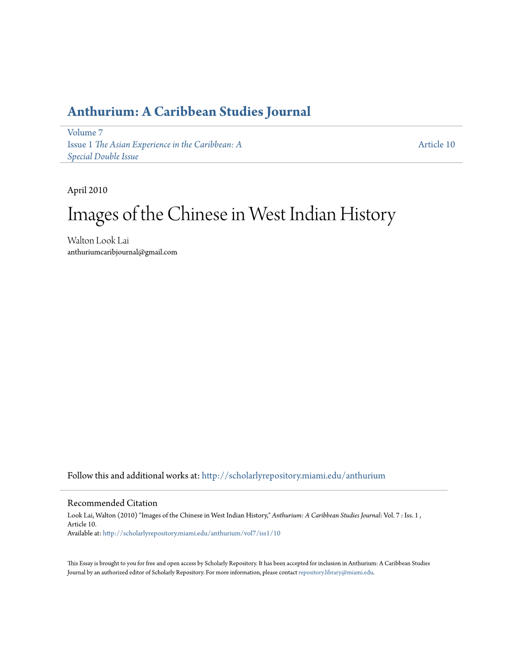 Images of the Chinese in West Indian History Walton Look Lai Anthuriumcaribjournal@Gmail.Com
