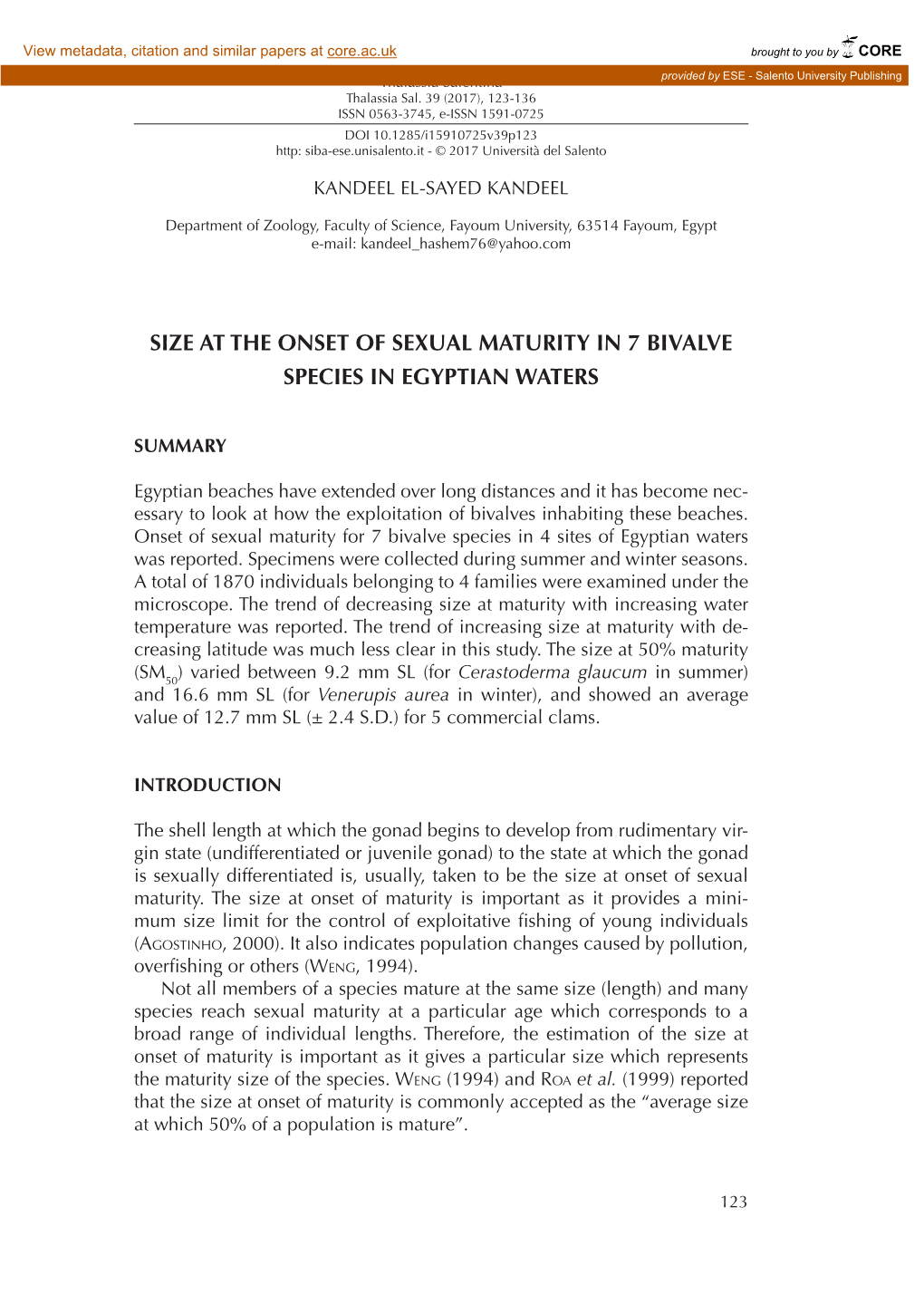 Size at the Onset of Sexual Maturity in 7 Bivalve Species in Egyptian Waters