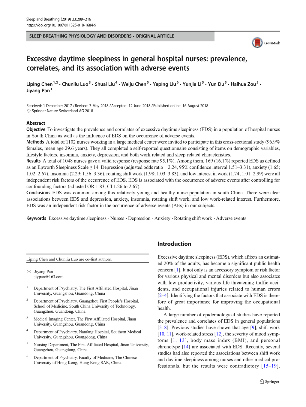 Excessive Daytime Sleepiness in General Hospital Nurses: Prevalence, Correlates, and Its Association with Adverse Events
