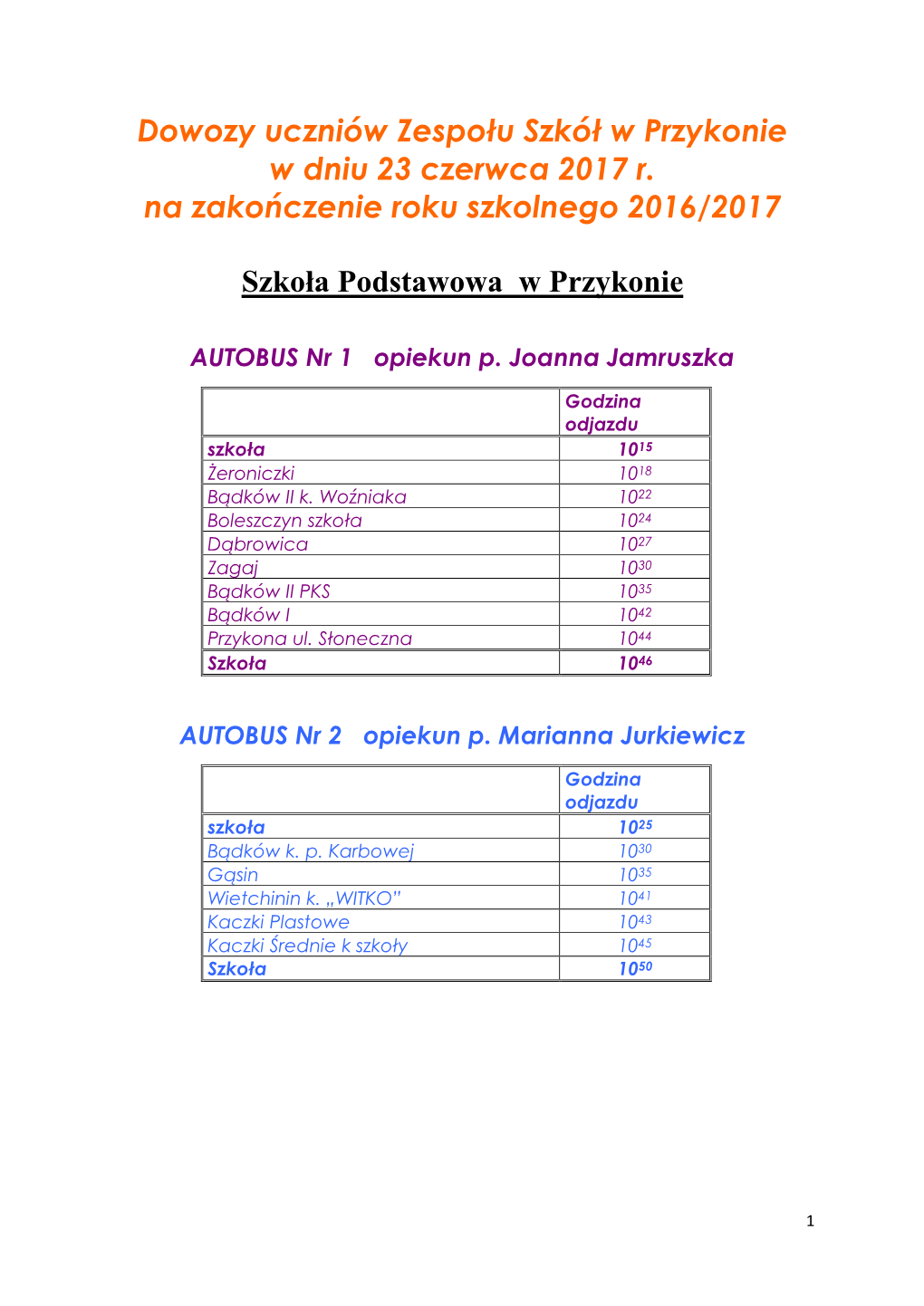 Dowozy Uczniów Zespołu Szkół W Przykonie W Dniu 23 Czerwca 2017 R