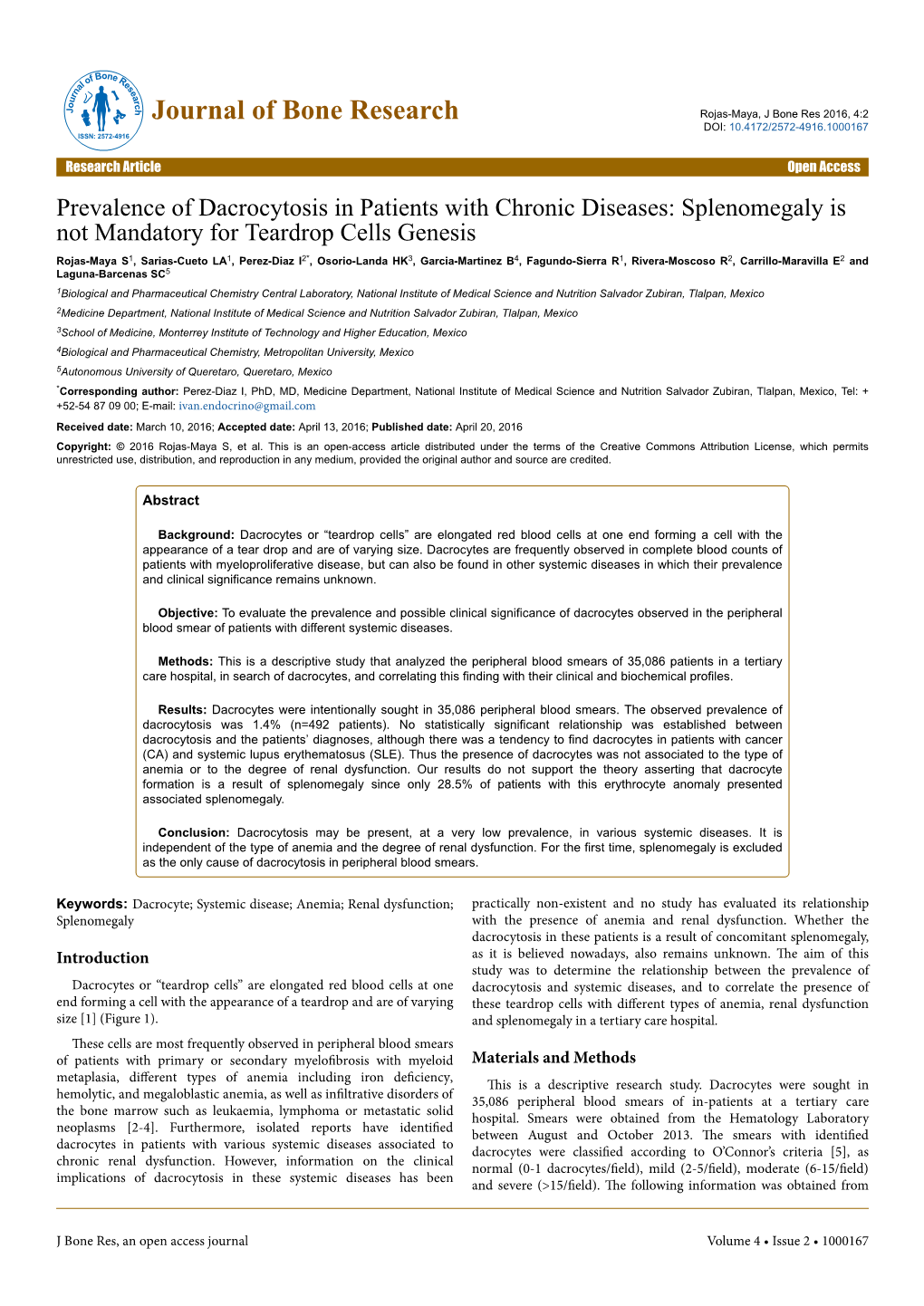 Prevalence of Dacrocytosis in Patients with Chronic Diseases