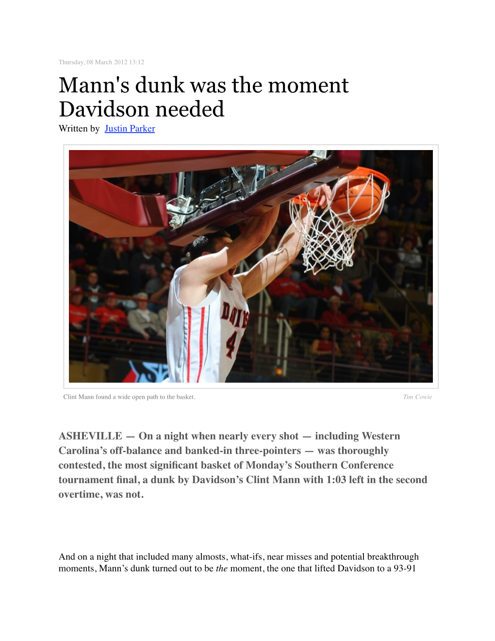 Mann's Dunk Was the Moment Davidson Needed Written by Justin Parker