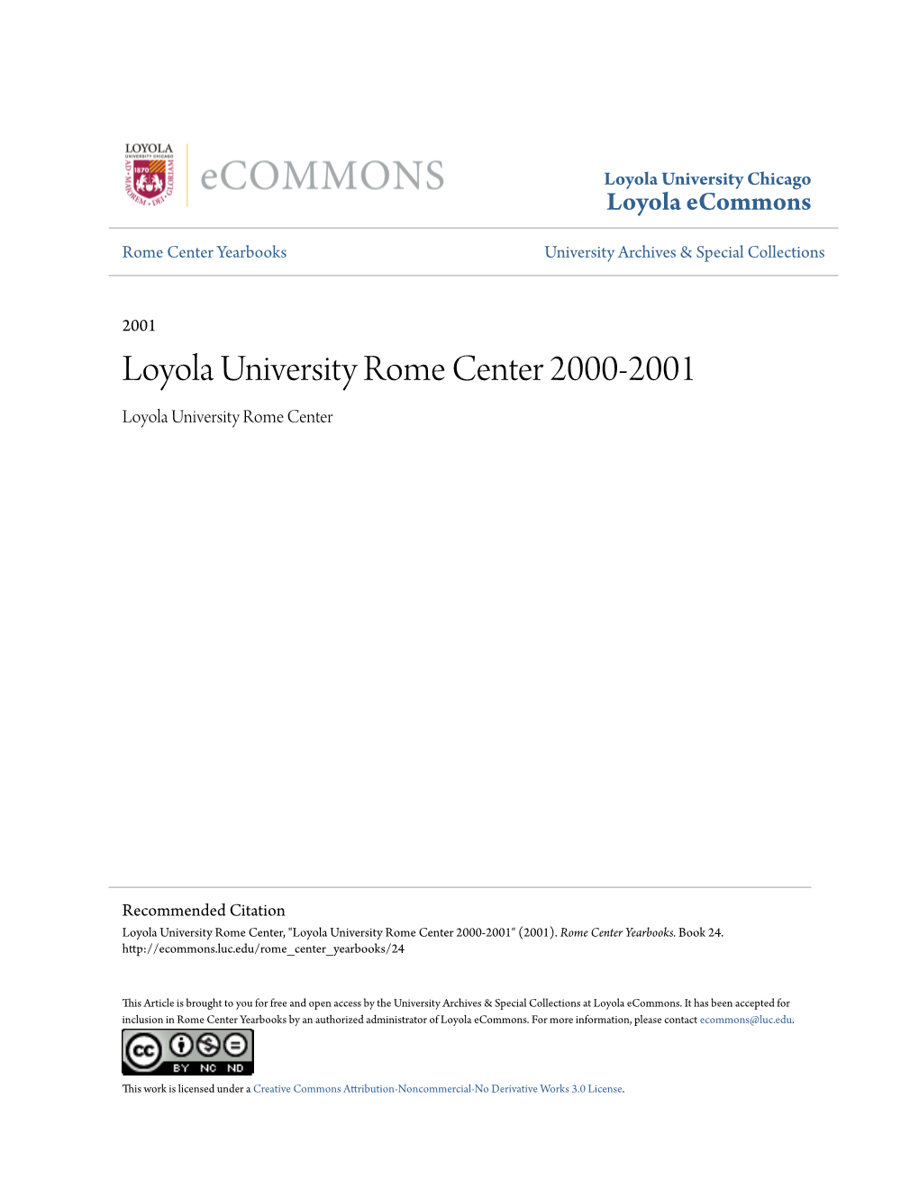 Loyola University Rome Center 2000-2001 Loyola University Rome Center