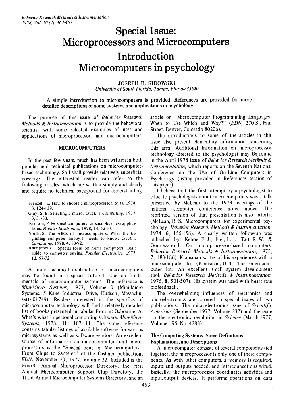 Introduction Microcomputers in Psychology