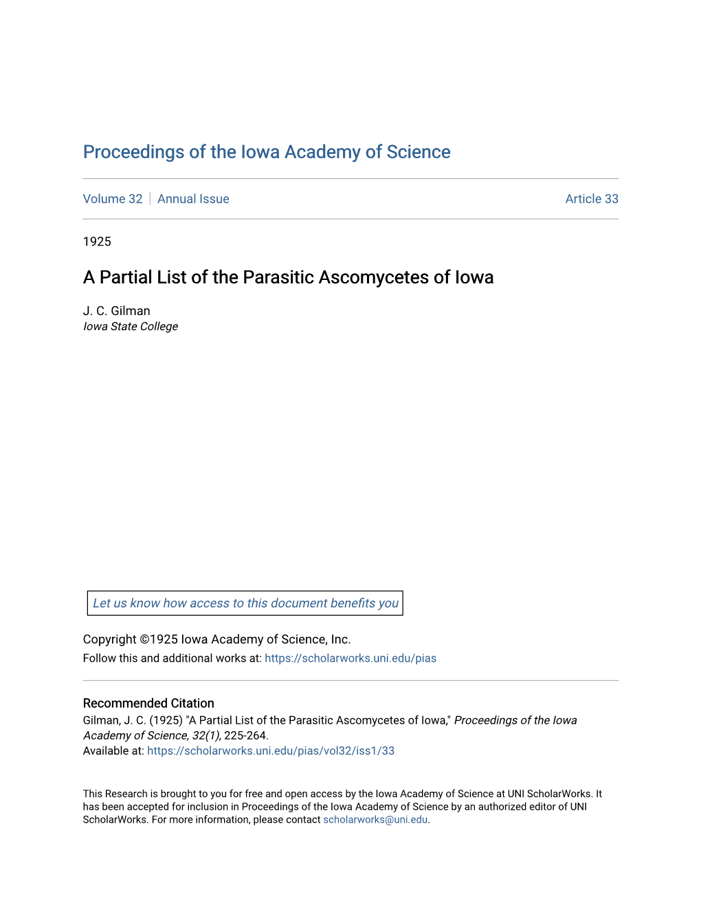 A Partial List of the Parasitic Ascomycetes of Iowa