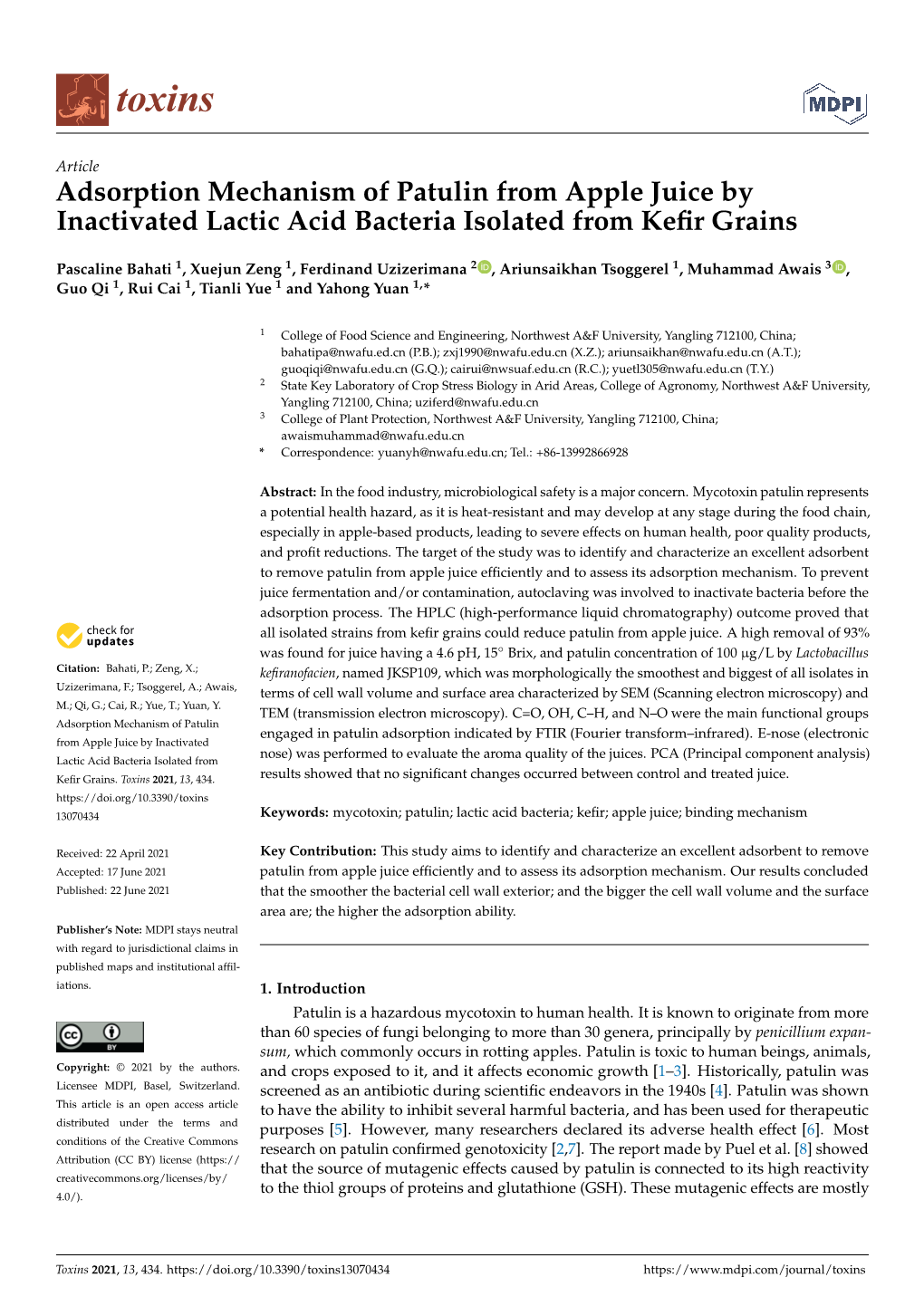 Adsorption Mechanism of Patulin from Apple Juice by Inactivated Lactic Acid Bacteria Isolated from Keﬁr Grains