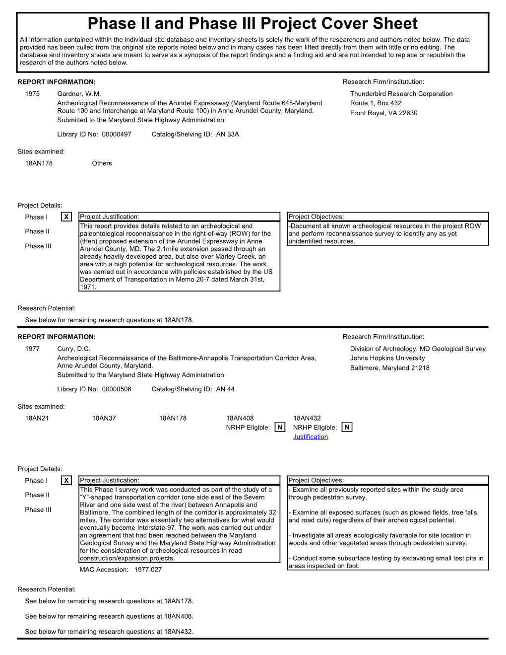 Phase II and Phase III Project Cover Sheet