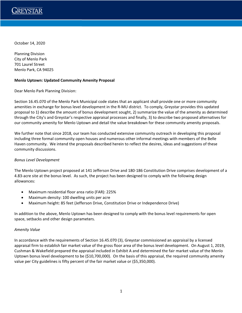1 October 14, 2020 Planning Division City of Menlo Park 701 Laurel Street Menlo Park, CA 94025 Menlo Uptown: Updated Community A