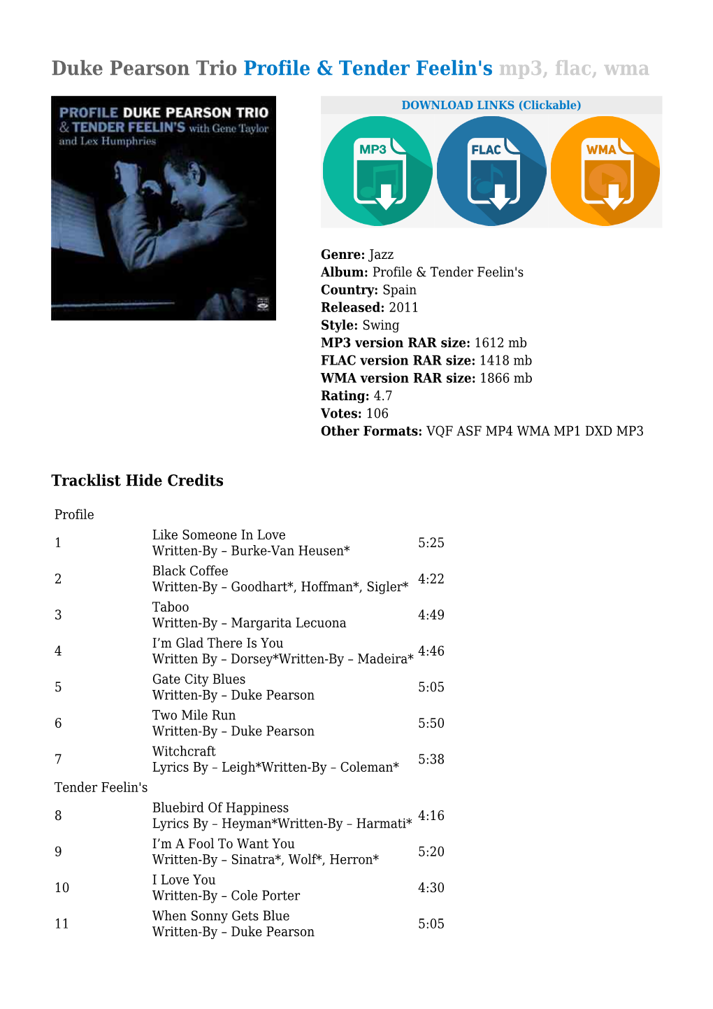 Duke Pearson Trio Profile & Tender Feelin's Mp3, Flac