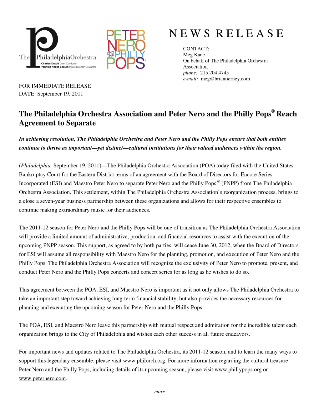 The Philadelphia Orchestra Association and Peter Nero and the Philly Pops ® Reach Agreement to Separate