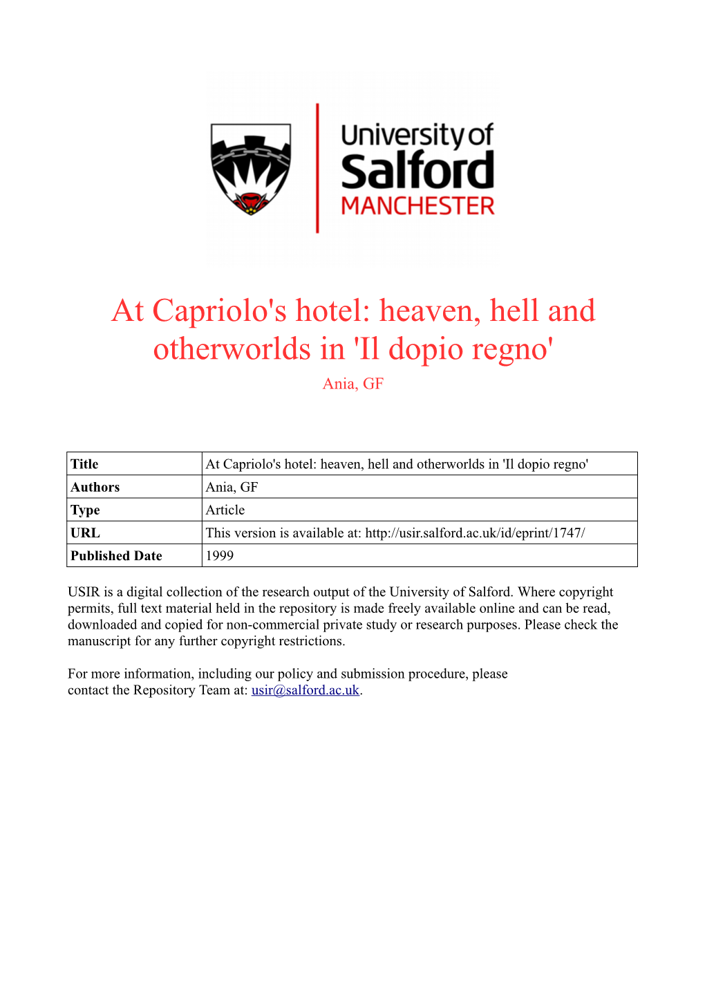 At Capriolo's Hotel: Heaven, Hell and Otherworlds in 'Il Dopio Regno' Ania, GF